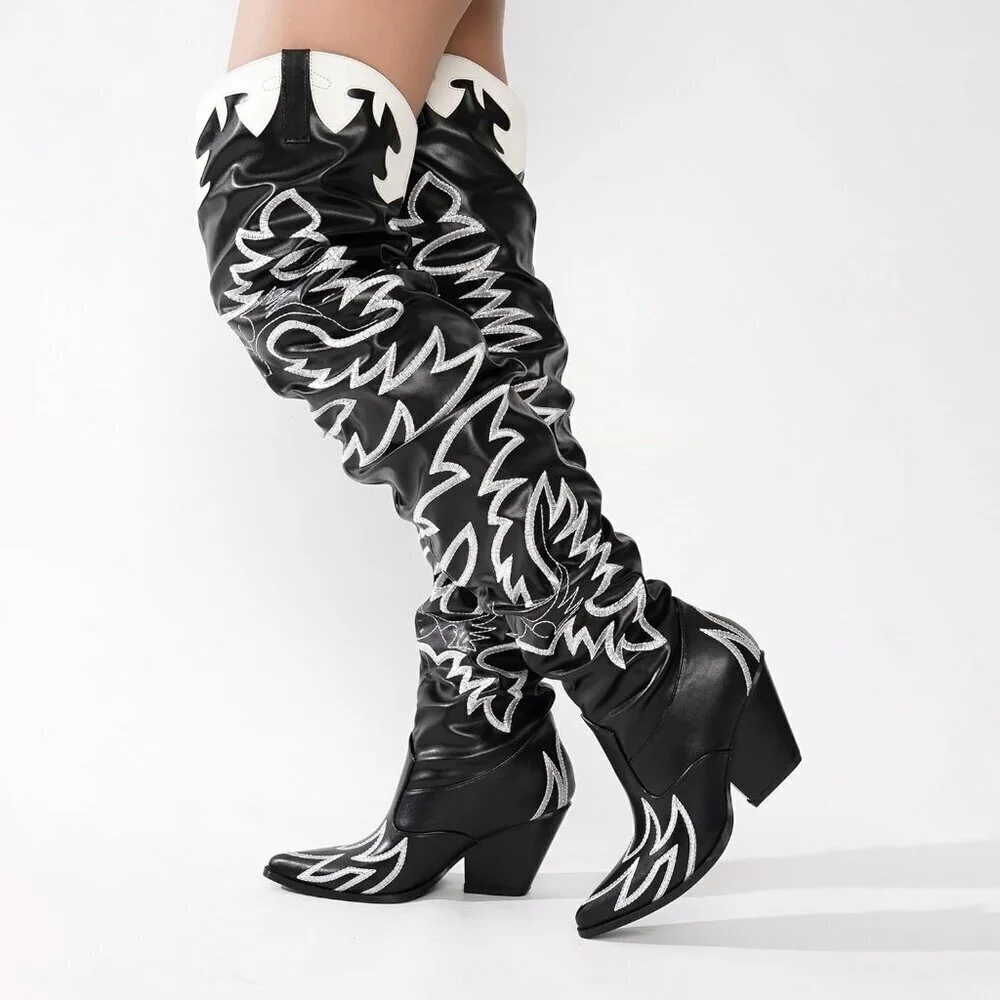 Women Pu Black Faux Leather Over The Knee Cowgirl Chunky Block Heel Fashion Boot